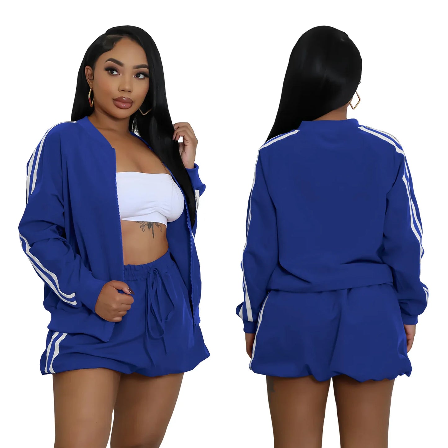 CM.YAYA Women's Set Full Sleeve Striped Coats Top + Short Skirts Spring Active Sporty Street Two 2 Piece Sets Outfits Tracksuit