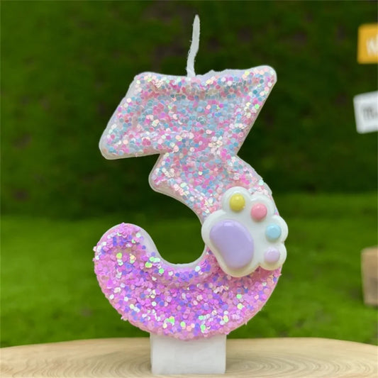 3D Number Candles Cake Decorating Glitter Pink Claw Theme Number Candles Cake Topper Birthday Party Cake Decoration
