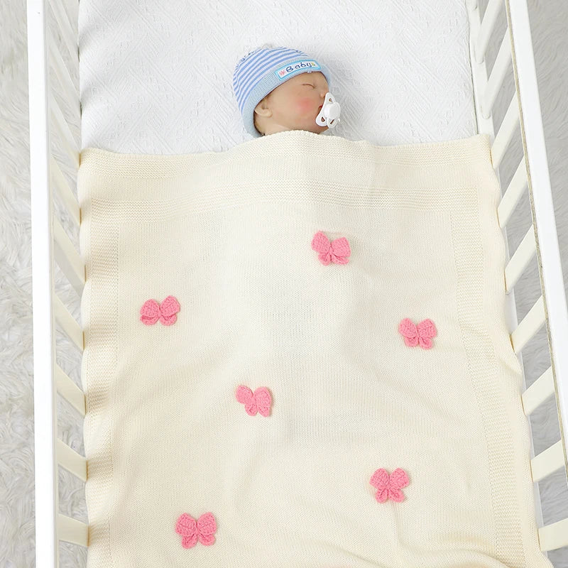 Baby Blankets Knit Newborn Boy Girl Bedding Quilt 90*70CM Infant Stroller Swaddle Wrap Super Soft Fashion Cute 3D Bows Sleepsack