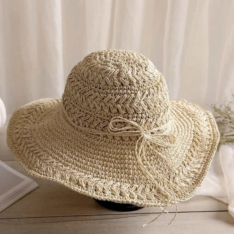 Foldable Sun Protection Straw Hat Women's Summer Korean Style Beach Vacation Outing Large Brim Sand Beach Cap Lace Net Hat