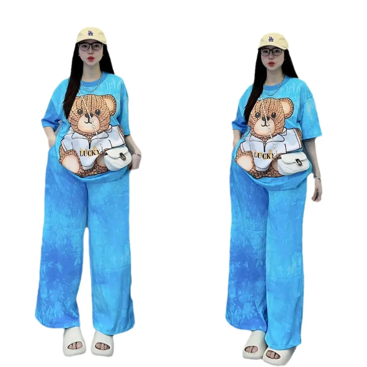 Fashionable Tie-Dye Set Women's Loose Bear Print Short Sleeve Wide Leg Pants Stylish Trendy Two-Piece Summer Outfit