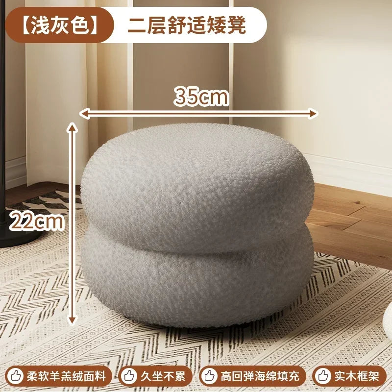 Creamy Household Stool for Girls, Makeup Seat, Bedroom Vanity Chair, Soft Lamb Wool Pouf, Minimalist Manicure, Round Ottoman