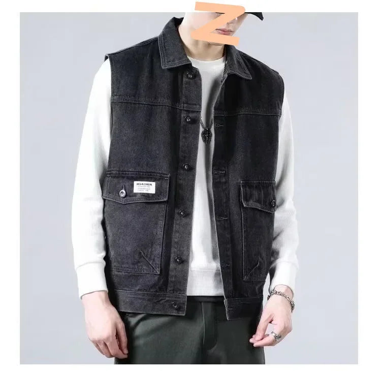 Loose Men's Denim Vest Spring Autumn American Retro Style Sleeveless Workwear Jacket Casual Trendy Brand Outerwear