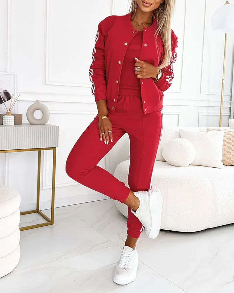 Autumn 3 Piece Tracksuit Outfit Set Striped Tape Patch Button Front Jacket Cuffed Pants Tank Top with Pockets for Casual Wear