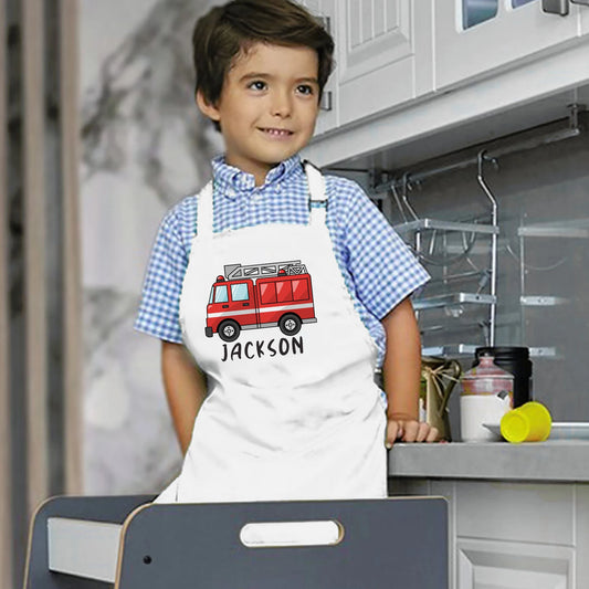 Personalised Apron Child's Fire Truck Name Apron Christmas Birthday Gift Baking Apron Toddler Apron Custom Kids Cooking Apron