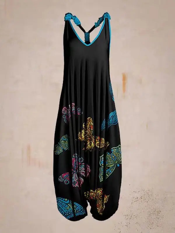 Bohemian Women's V-neck Sleeveless Jumpsuit Retro Ethnic Halter Top Harem Pants Beach Fashionable Casual Floral Print Jumpsuit