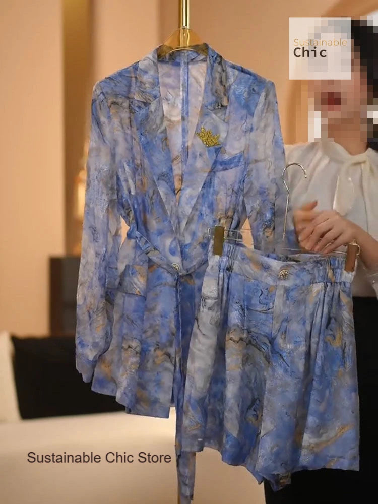 French high-end casual temperament printing suit women's summer new fashion thin long-sleeved suit shorts two-piece suit.