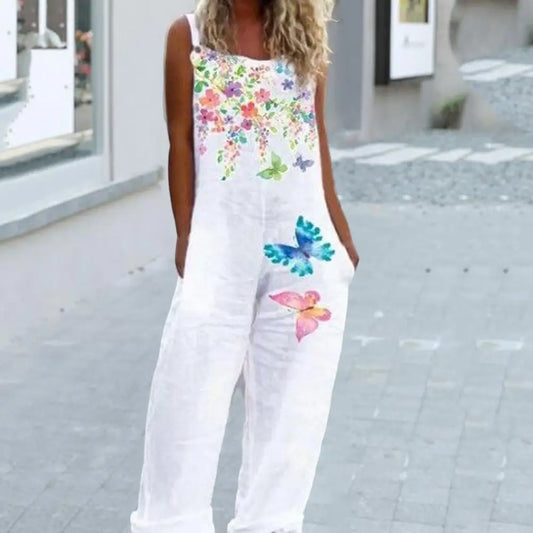 Casual Loose Jumpsuit Women Spaghetti Long Camis Summer Print Cotton Linen Strap Wide Leg Pants Bib Overalls Sleeveless Jumpsuit