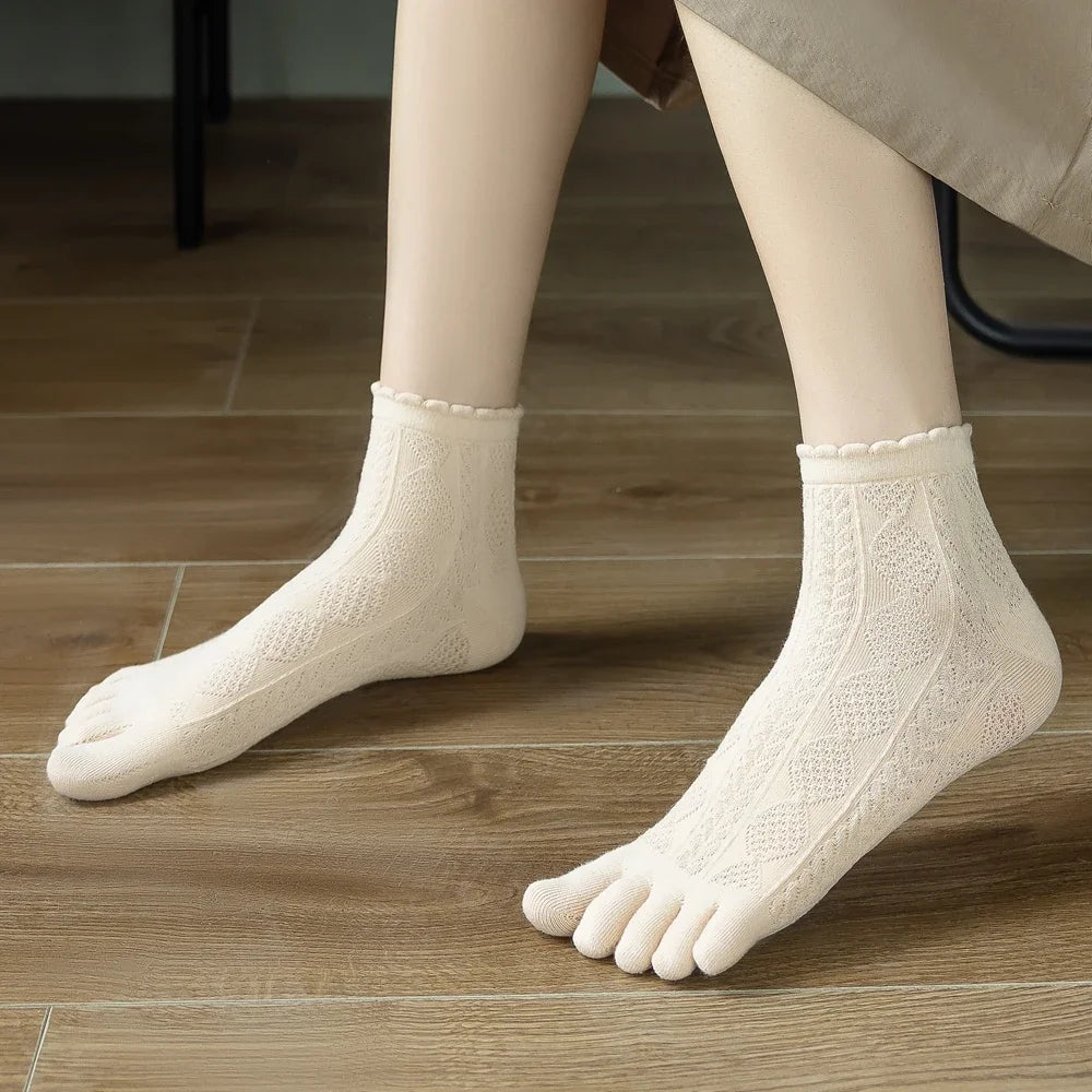 3 Pairs Summer Mesh Toe Socks Women Embroidered Floral Five Finger Socks High Quality Cotton Athletic Socks