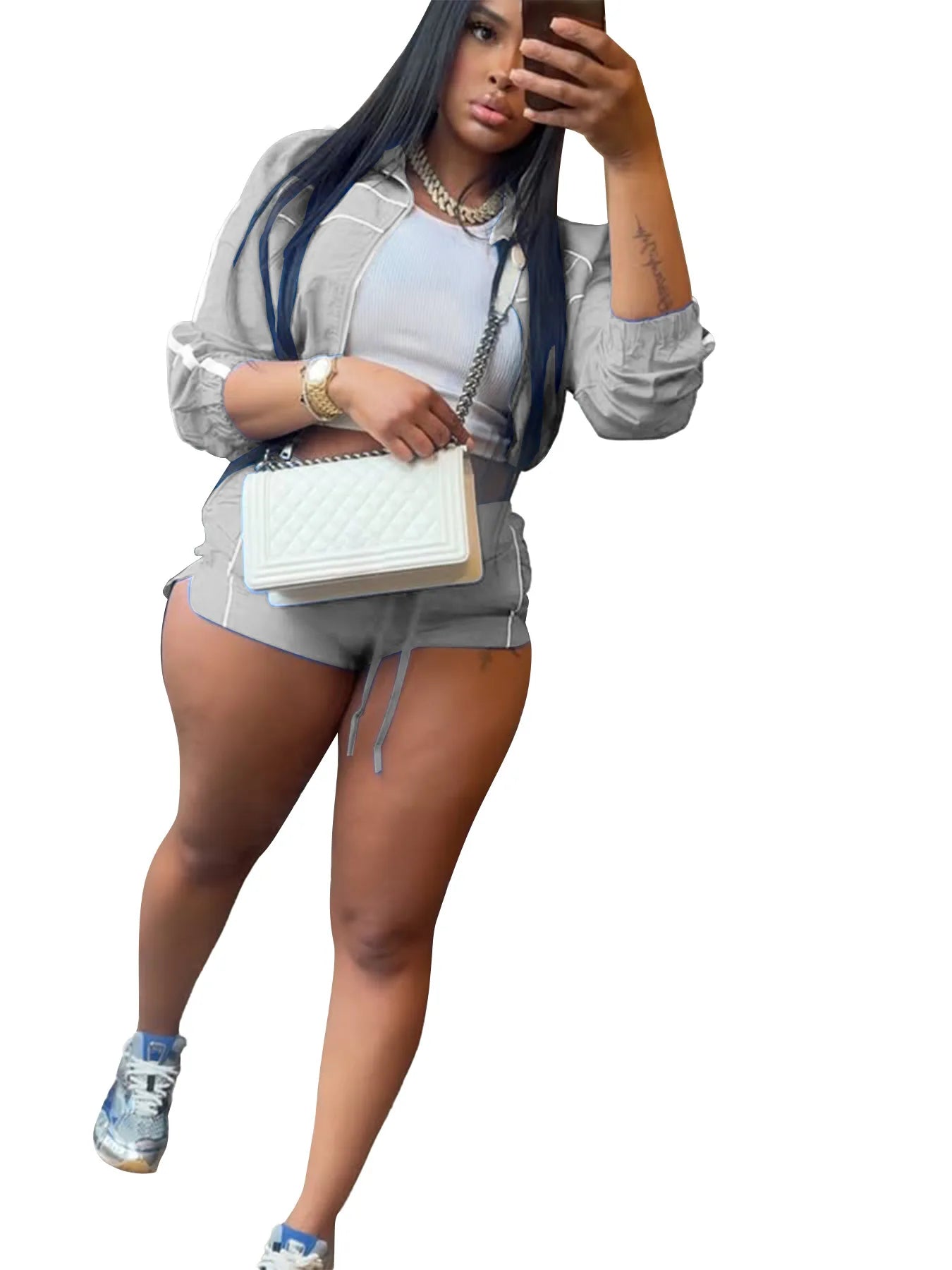 Shorts Pant Set Women Two Piece Sets Turn Down Collar Matching Sets Zipper Coats High Waist Y2k Streetwear Elegant Short Pants