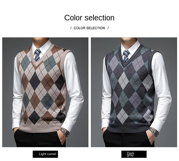 New Autum Fashion Designer Brand Argyle Pullover Diamond Sweater V Neck Knit Vest Men 6% Wool Sleeveless Casual Men Clothing