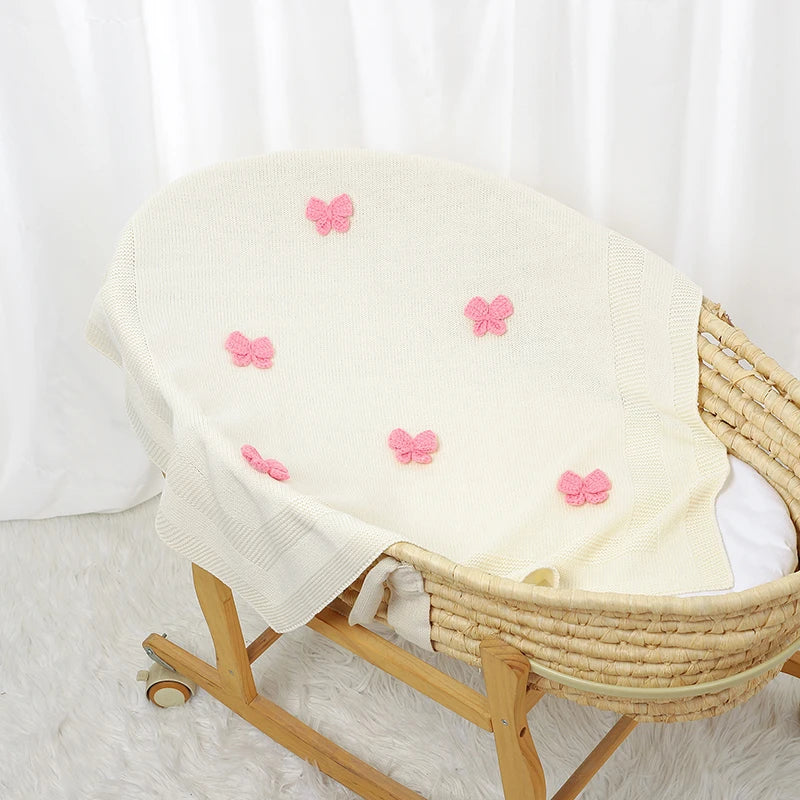 Baby Blankets Knit Newborn Boy Girl Bedding Quilt 90*70CM Infant Stroller Swaddle Wrap Super Soft Fashion Cute 3D Bows Sleepsack
