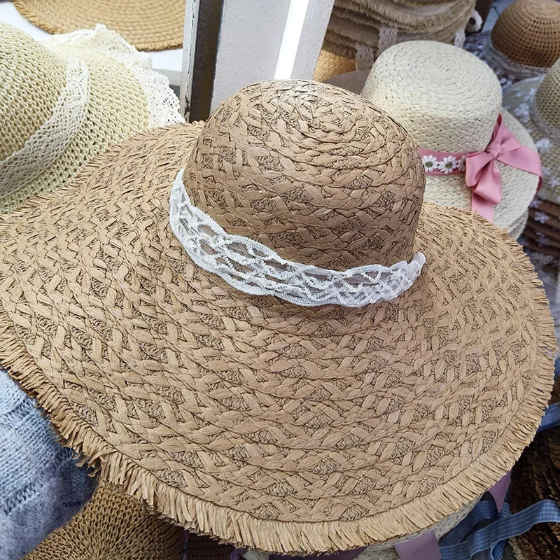 Wide Brim Straw Hat Summer Sunshade Hat Woven with Ribbons Beach Holiday Beach Sandal Trendy Hat for Outdoor Activities