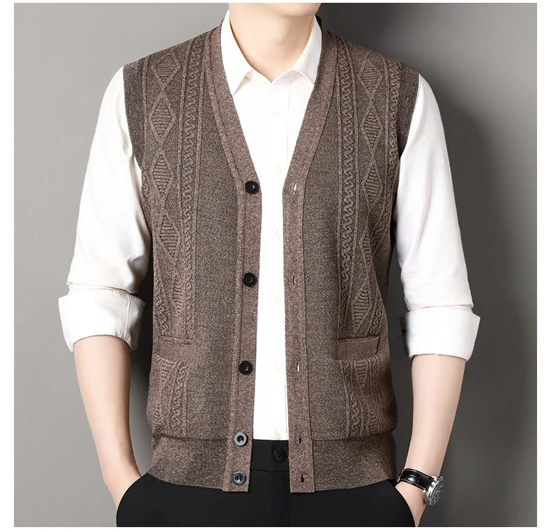 Autumn Winter Mens Vest Casual Sweater Vests Button Up Cardigan Men's V-neck Fashion Knitted Cardigans