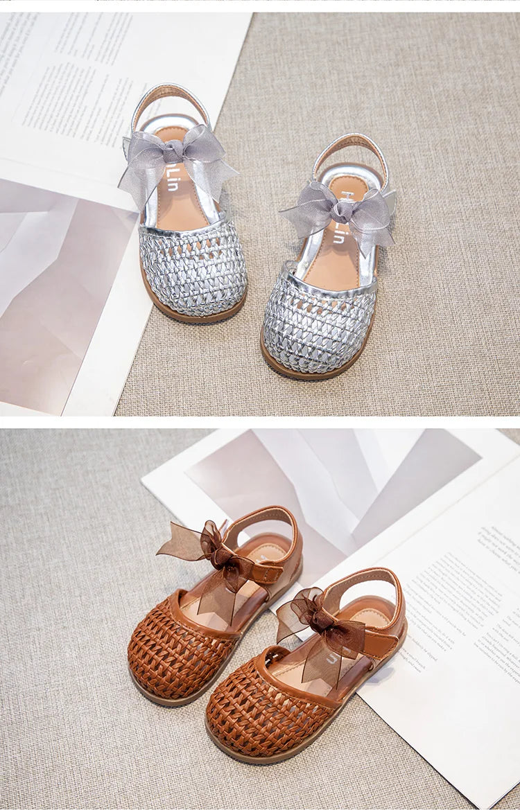 Braided Sandal for Girl Princess Summer Shoe Child Soft Sole Close Toed Butterfly Beach Shoe Kids Casual Shoe Beige Brown Silver