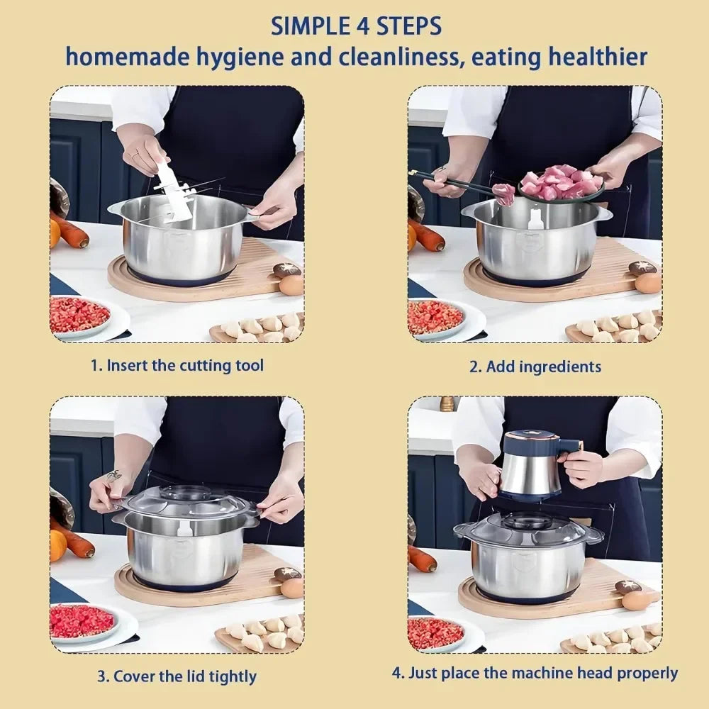Electric Meat Grinder, Food Processor, Stainless Steel Meat Chopper, 5L Capacity Vegetable Chopper, Suitable for Food Chopping