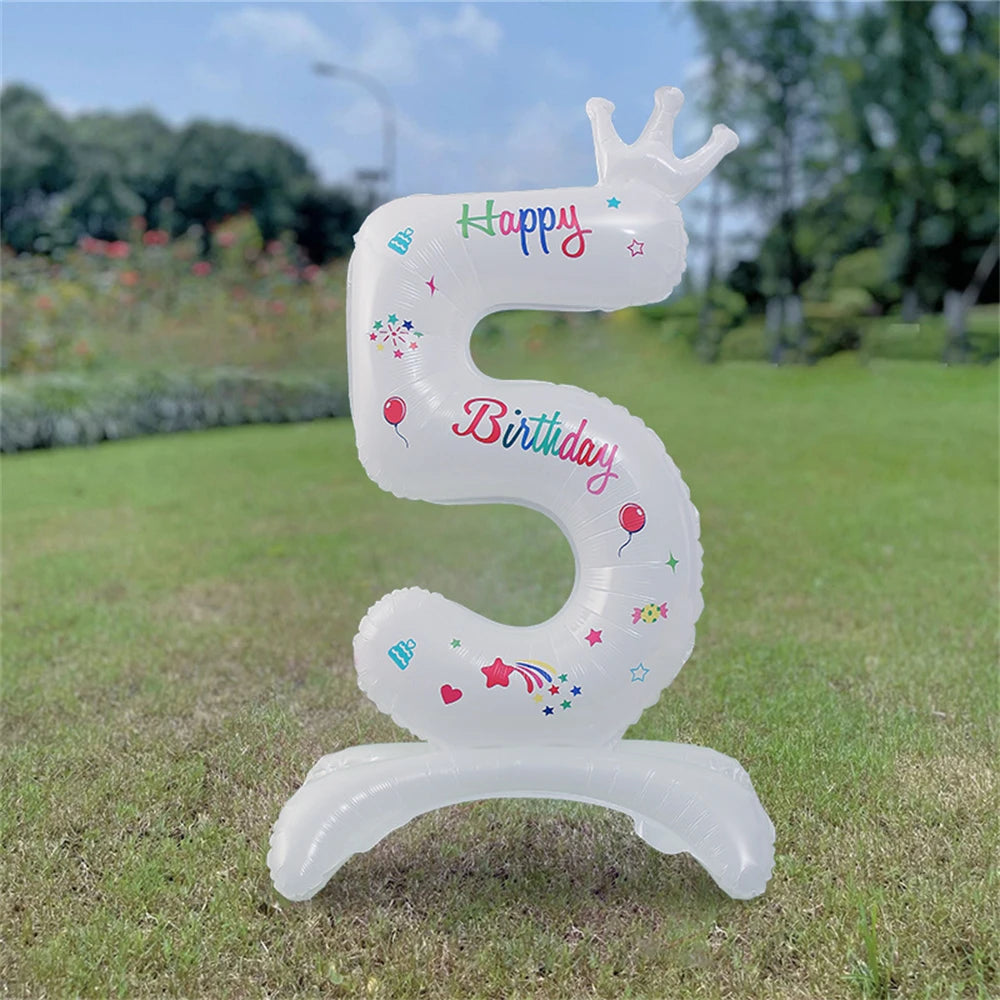32inch White Crown Number Standing Balloon 0-9 Digital Balloons For Children's Happy Birthday Party Anniversary Decoration Golob