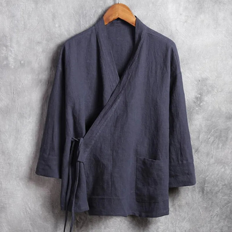 Men's linen vest Men's shirt Long sleeved Chinese official collar Traditional Kung Fu Tang casual social shirt Plus size shirt
