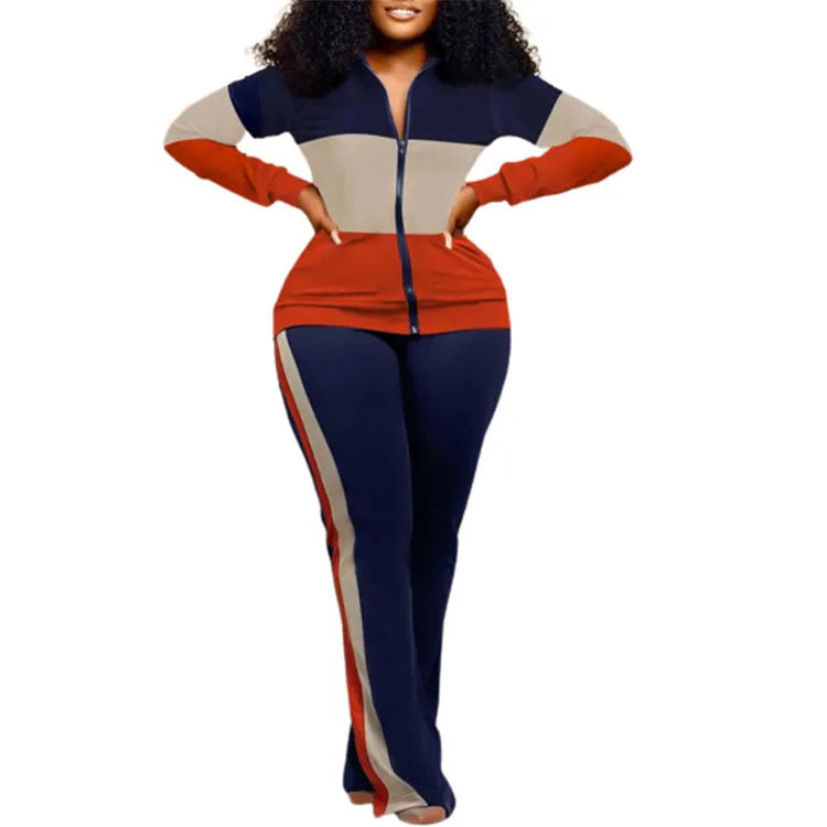 CPSYMYM Two Piece Set Women Outfit Autumn   Denim Look Print Zipper Design Stand Collar Long Sleeve Top & Casual Pants Set