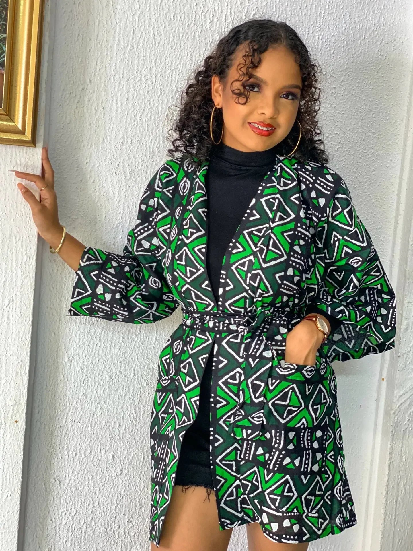 African  Printing Dress Women's Fashion Kimono Cardigan Coat Dashiki Geometric Belt Dress Plus Size Retro African Christmas Robe