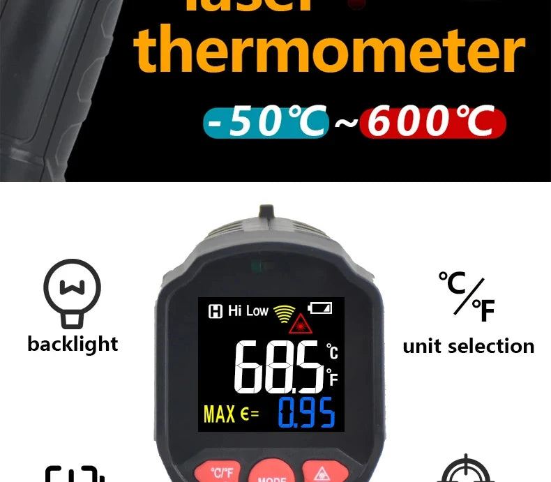 -50~800℃ Digital Thermometer Infrared Thermometers  Non-contact Pyrometer Kitchen Laser Temperature Meter Hygrometer Mestek