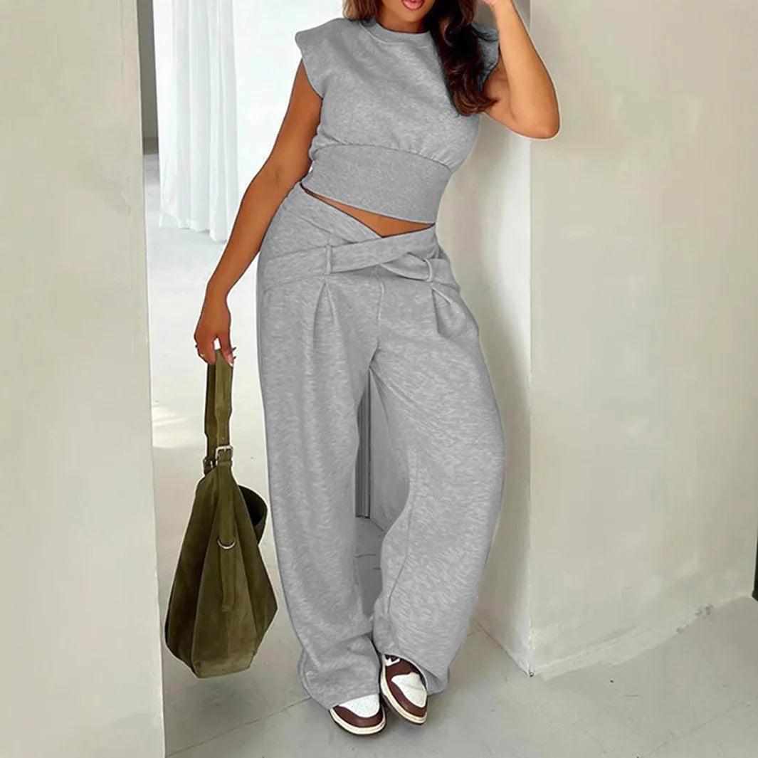 Women Plus Size Two Piece Set Daily Grey Casual Round Neck Casual High Street Waistcoat Pocket Pull-On Waist Two Piece Pant Sets