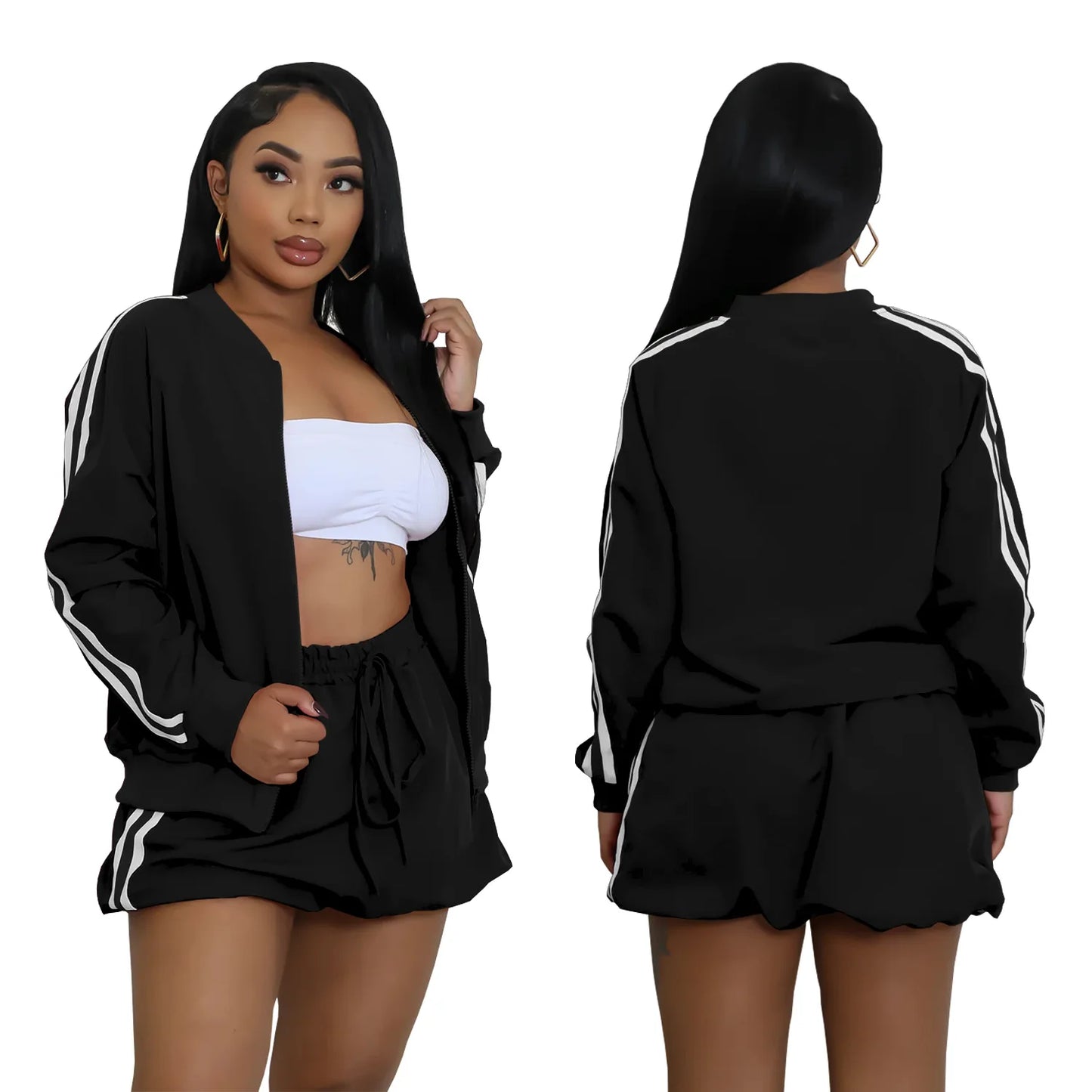 CM.YAYA Women's Set Full Sleeve Striped Coats Top + Short Skirts Spring Active Sporty Street Two 2 Piece Sets Outfits Tracksuit