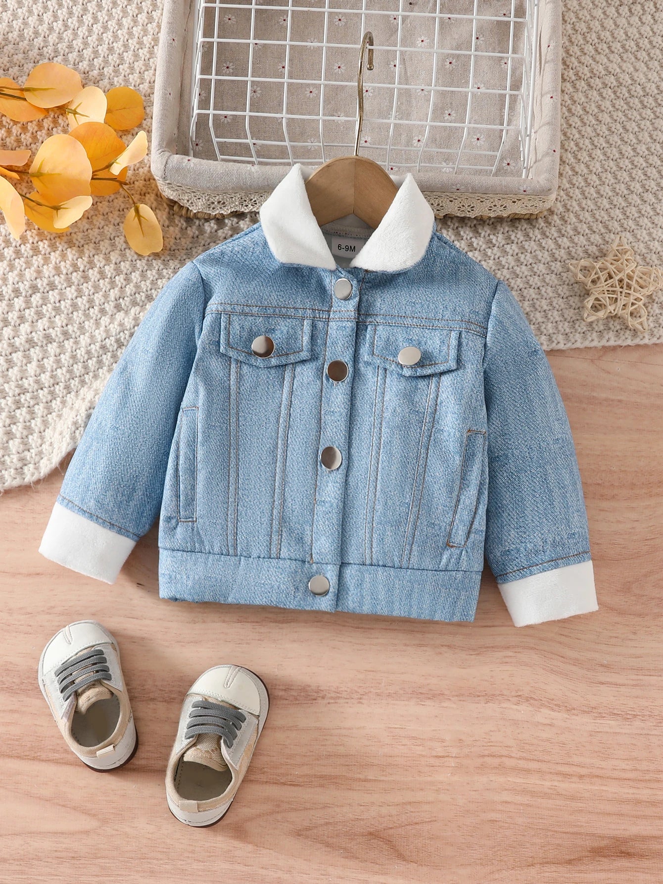 3-36 Months Baby's Winter Thick Stuffed Fashion Casual Imitation Denim Print Coat Fake Pocket Lapel Jacket Coat