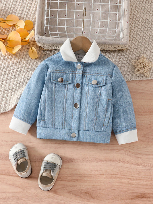 3-36 Months Baby's Winter Thick Stuffed Fashion Casual Imitation Denim Print Coat Fake Pocket Lapel Jacket Coat