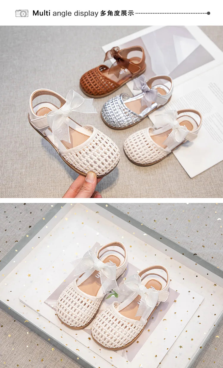 Braided Sandal for Girl Princess Summer Shoe Child Soft Sole Close Toed Butterfly Beach Shoe Kids Casual Shoe Beige Brown Silver