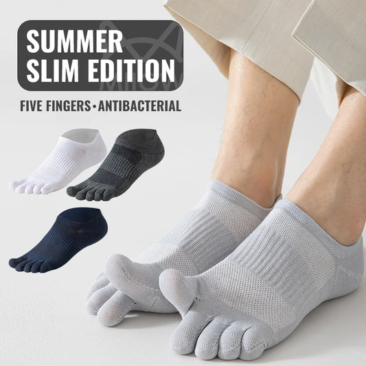 MiiOW Pure Cotton Five Finger Short Socks Men Sweat Absorbent Antibacterial Breathable Mesh Boat Socks Running Sports Toe Sock