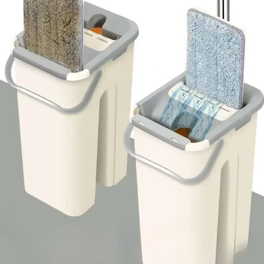 Flat Squeeze Mop with Bucket Hand Free Wringing Floor Cleaning Mop Microfiber Mop Pads Wet or Dry Usage on Hardwood Laminate