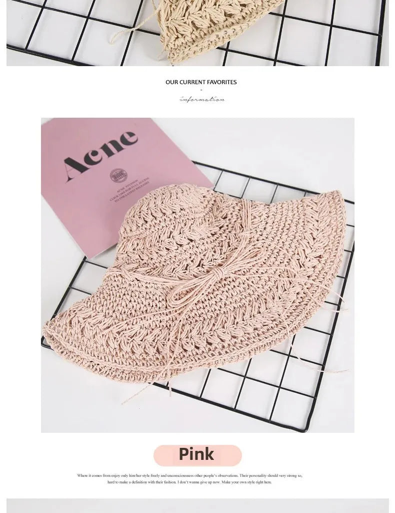 Foldable Sun Protection Straw Hat Women's Summer Korean Style Beach Vacation Outing Large Brim Sand Beach Cap Lace Net Hat
