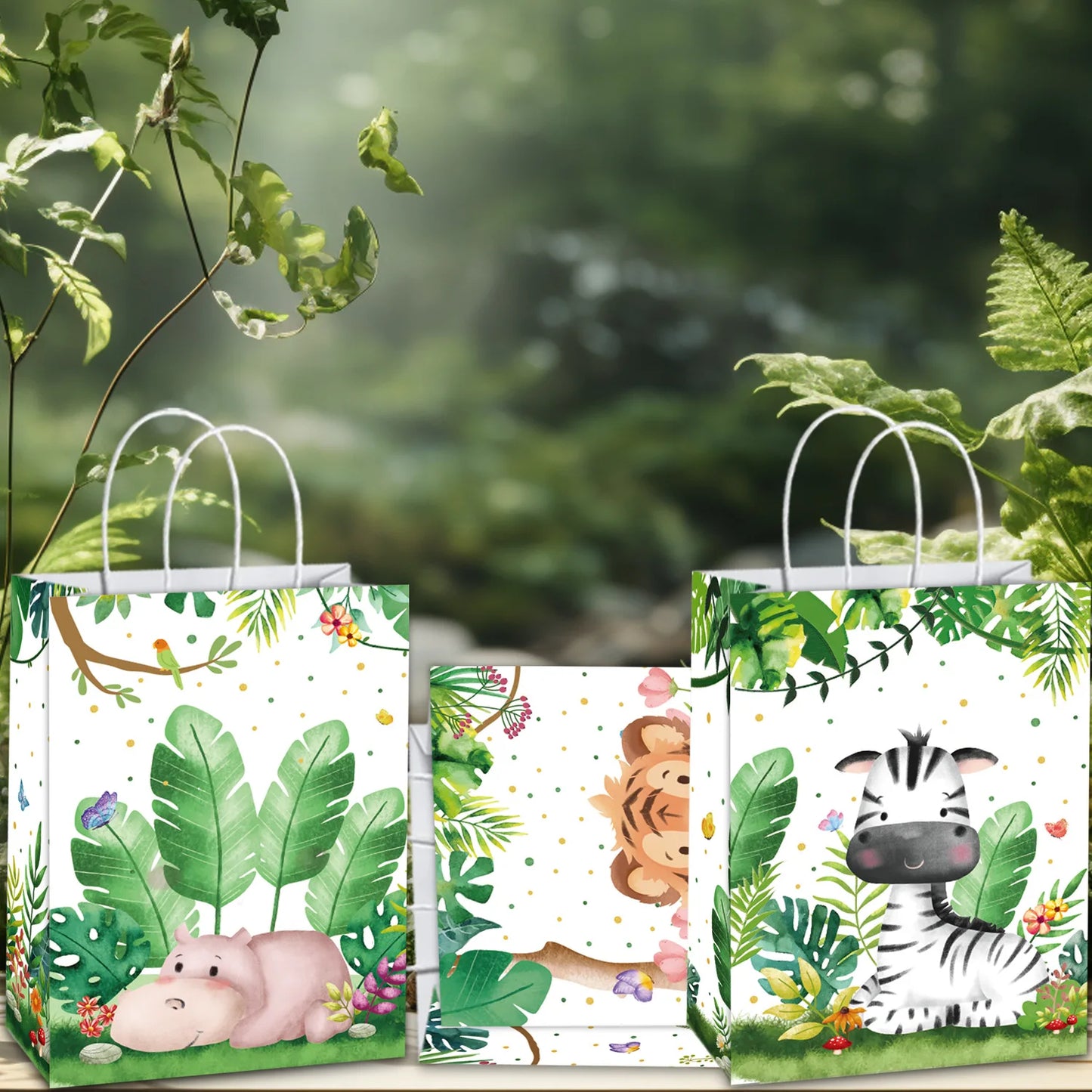 10-49pcs Cartoon Jungle Animals Gift Handbag Zebra Tiger Giraffe Fox Candy Package Jungle Theme Birthday Party Decor Supplies