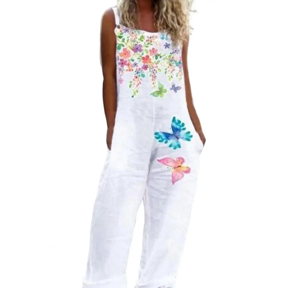 Casual Loose Jumpsuit Women Spaghetti Long Camis Summer Print Cotton Linen Strap Wide Leg Pants Bib Overalls Sleeveless Jumpsuit
