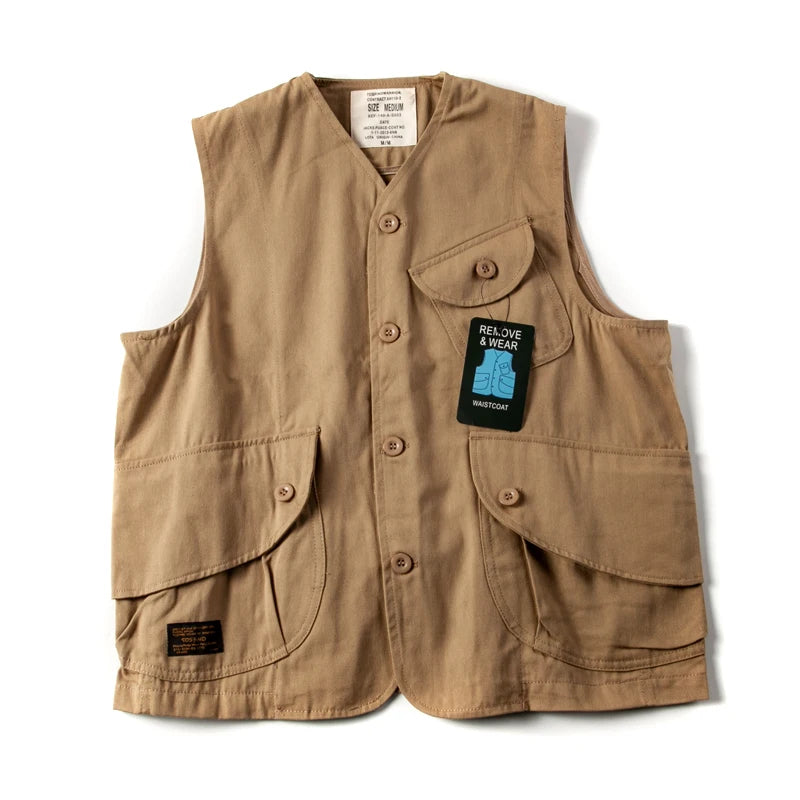 Retro Japanese Sle Loose Men's Vest Multi-ket Workwear Casual Streetwear Outerwear Couple's Jaet Youth Faion
