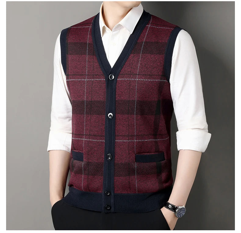 New Men's Sweater Vest Casual Sleeveless Knit Jackets Men Fashion Plaid V-neck Cardigans Man Clothes Knitted Waistcoat