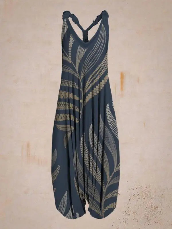 Bohemian Women's V-neck Sleeveless Jumpsuit Retro Ethnic Halter Top Harem Pants Beach Fashionable Casual Floral Print Jumpsuit