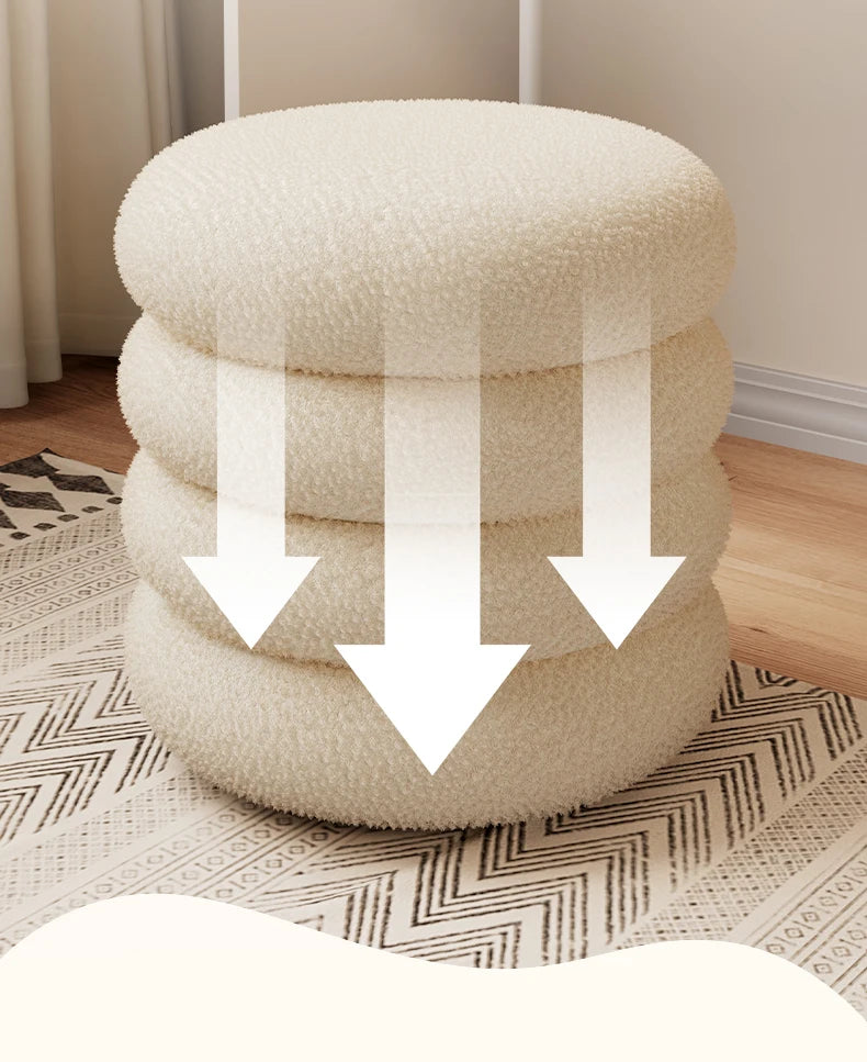 Creamy Household Stool for Girls, Makeup Seat, Bedroom Vanity Chair, Soft Lamb Wool Pouf, Minimalist Manicure, Round Ottoman