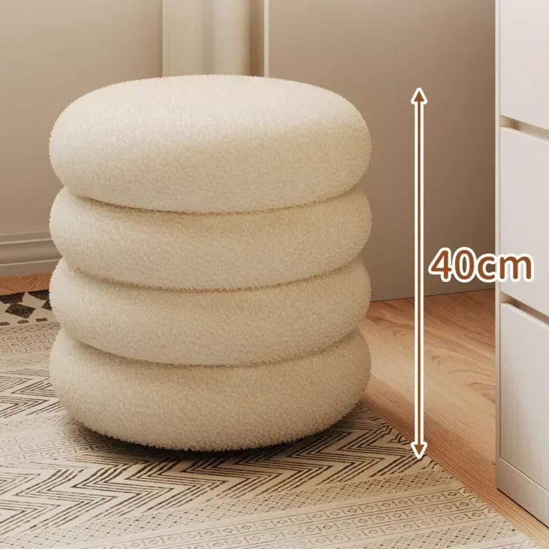 Creamy Household Stool for Girls, Makeup Seat, Bedroom Vanity Chair, Soft Lamb Wool Pouf, Minimalist Manicure, Round Ottoman