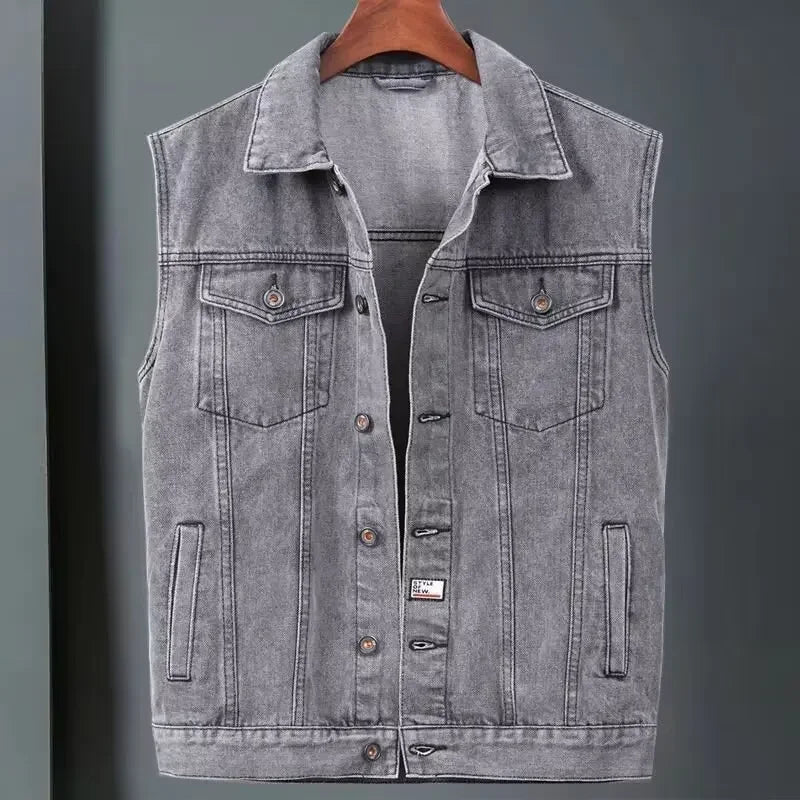 Men's Denim Vest Sleeveless Multi-Pocket Solid Color Spring Autumn Fashion Outerwear Casual Style Pure Color Top Coat