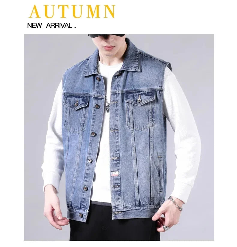 American Style Casual Men's Denim Jacket Loose Cool Retro Workwear Jacket Versatile Leisure Vest for Spring And Autumn