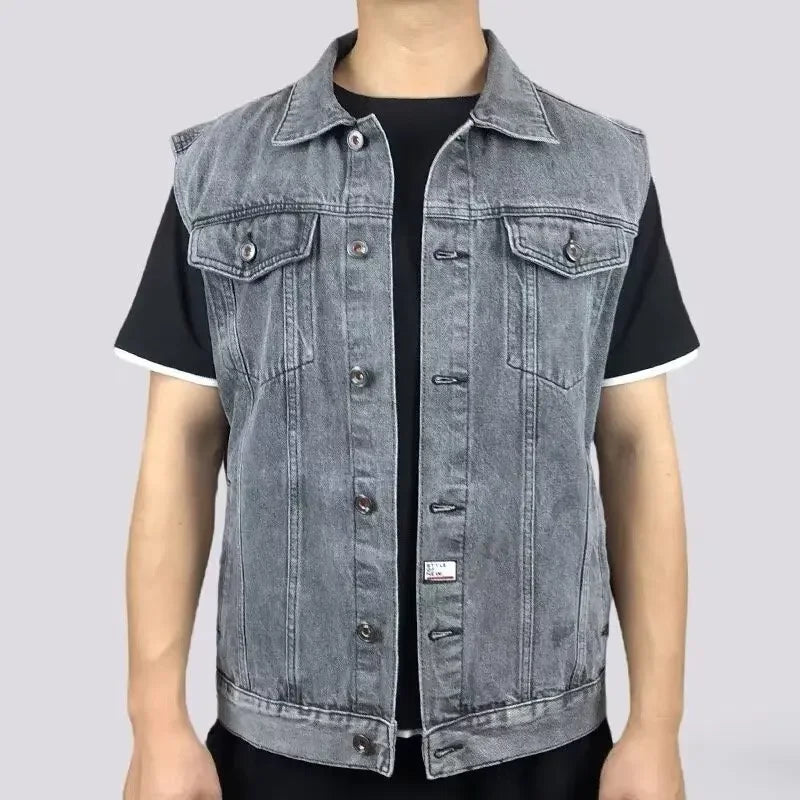 Men's Denim Vest Sleeveless Multi-Pocket Solid Color Spring Autumn Fashion Outerwear Casual Style Pure Color Top Coat
