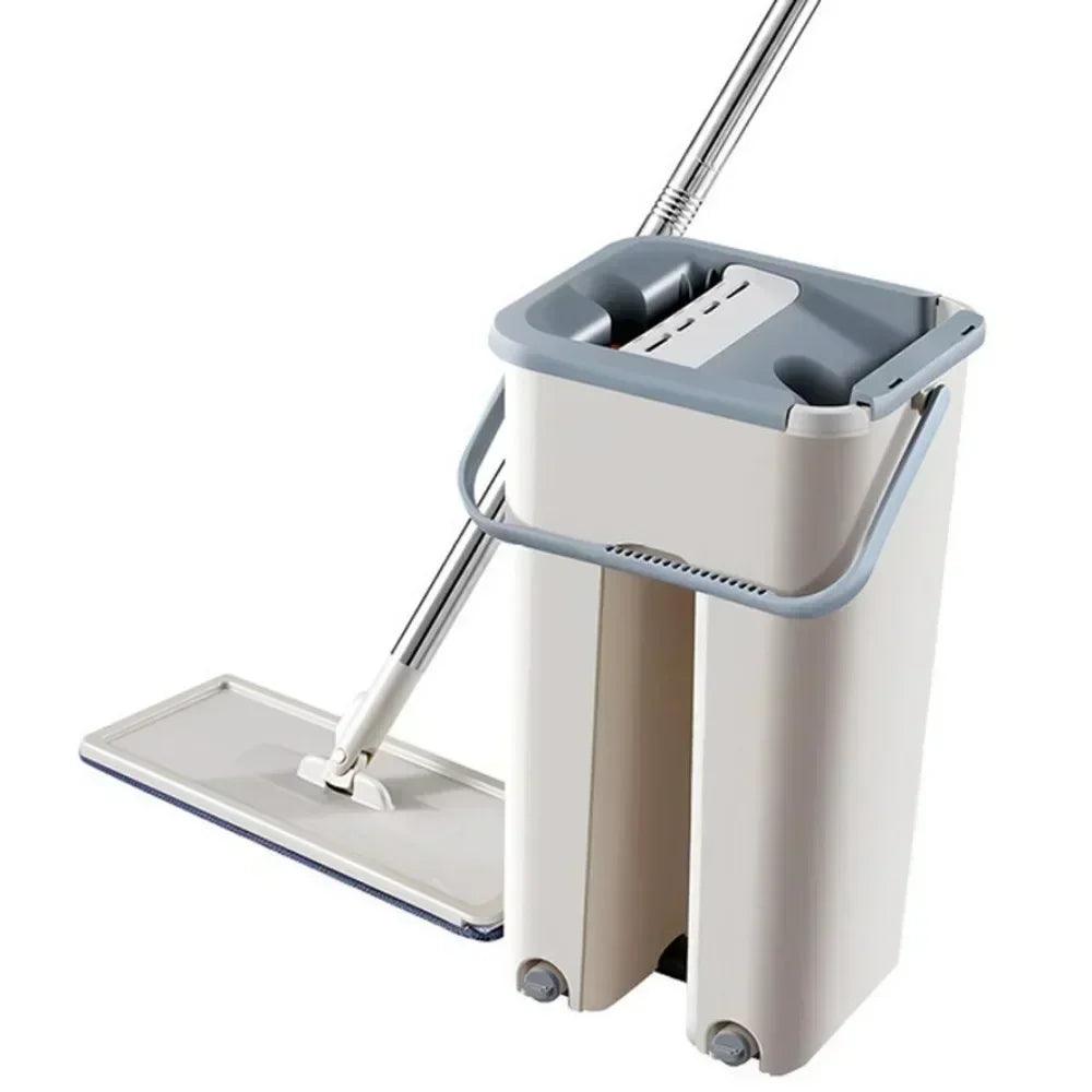 Flat Squeeze Mop with Bucket Hand Free Wringing Floor Cleaning Mop Microfiber Mop Pads Wet or Dry Usage on Hardwood Laminate