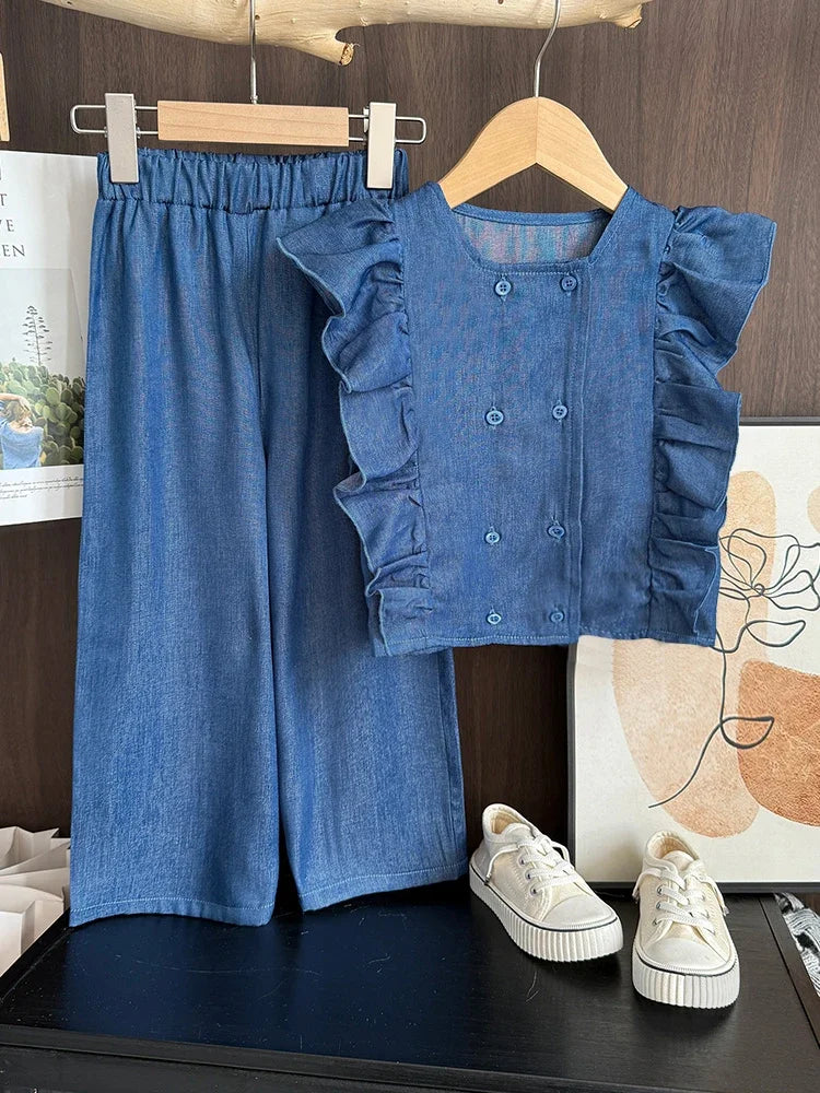 Bear Leader Toddler Girl Clothes Summer Solid Color Imitation Denim Children's Suit Blue Ruffled Sleeveless Vest+Pants 2Pcs Set
