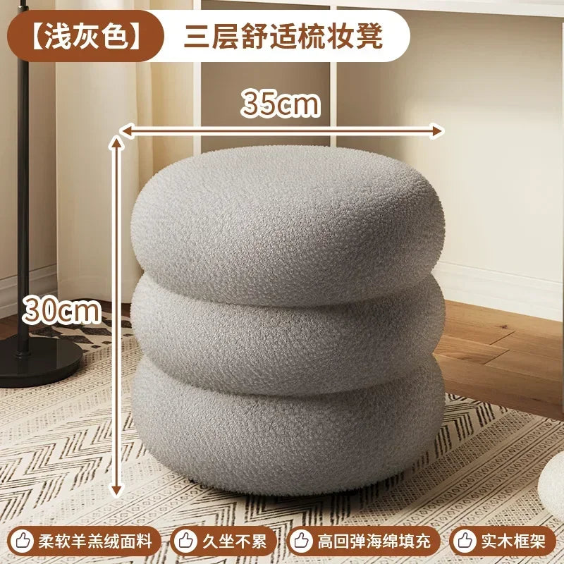 Creamy Household Stool for Girls, Makeup Seat, Bedroom Vanity Chair, Soft Lamb Wool Pouf, Minimalist Manicure, Round Ottoman
