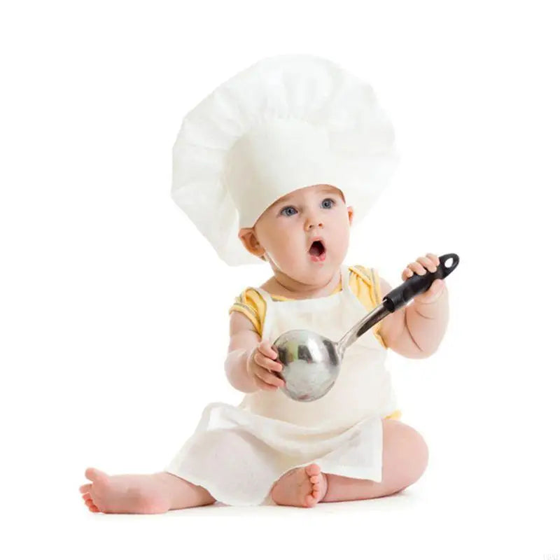 U6XE 2 Pcs Baby Chef Apron and Hat Infant Kids White Cook Costume Photography