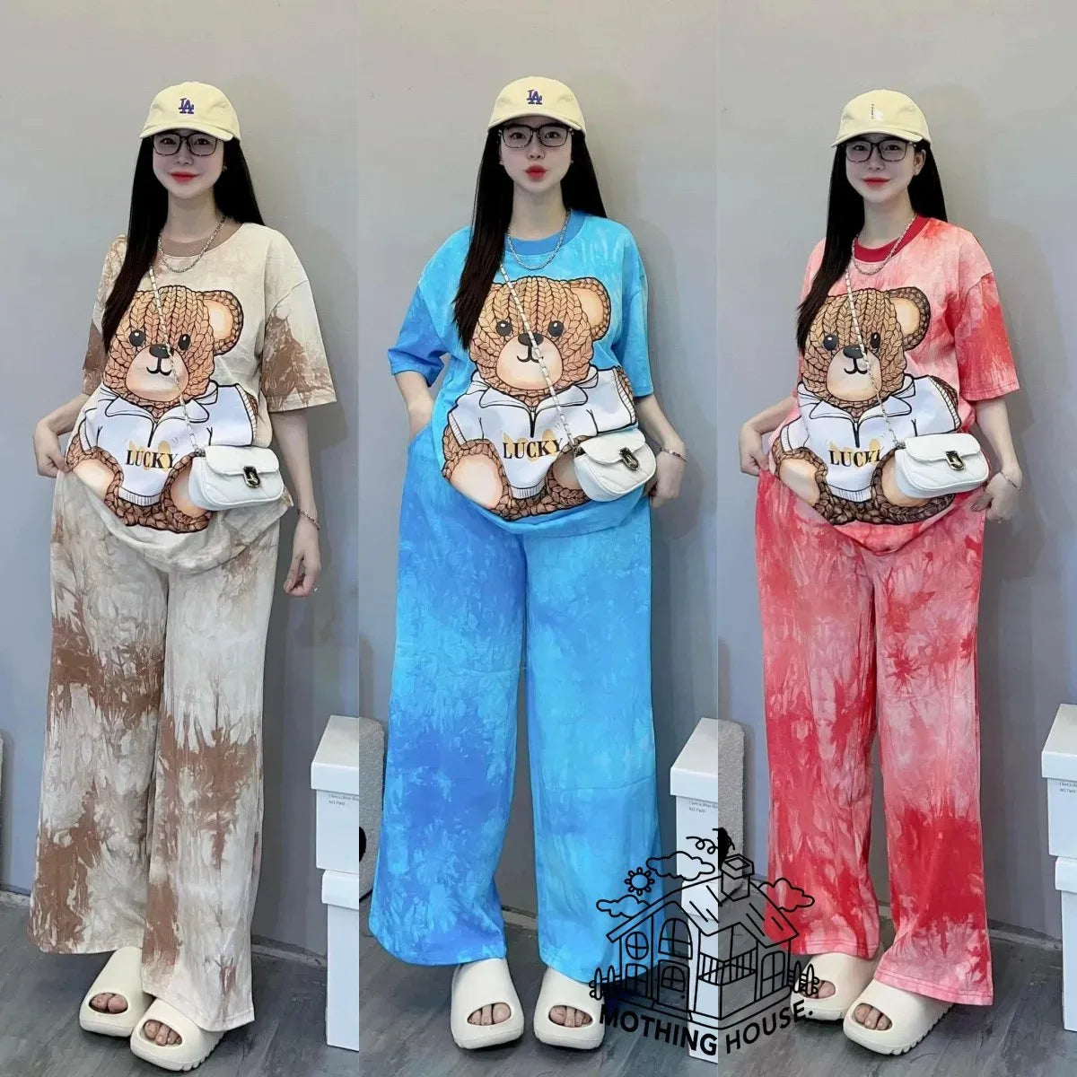 Fashionable Tie-Dye Set Women's Loose Bear Print Short Sleeve Wide Leg Pants Stylish Trendy Two-Piece Summer Outfit