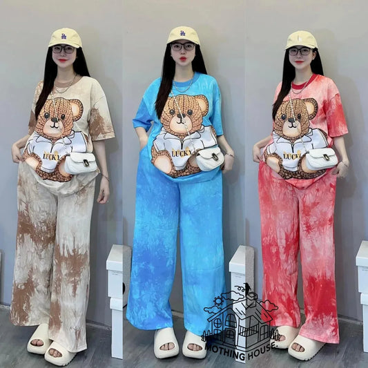 Fashionable Tie-Dye Set Women's Loose Bear Print Short Sleeve Wide Leg Pants Stylish Trendy Two-Piece Summer Outfit