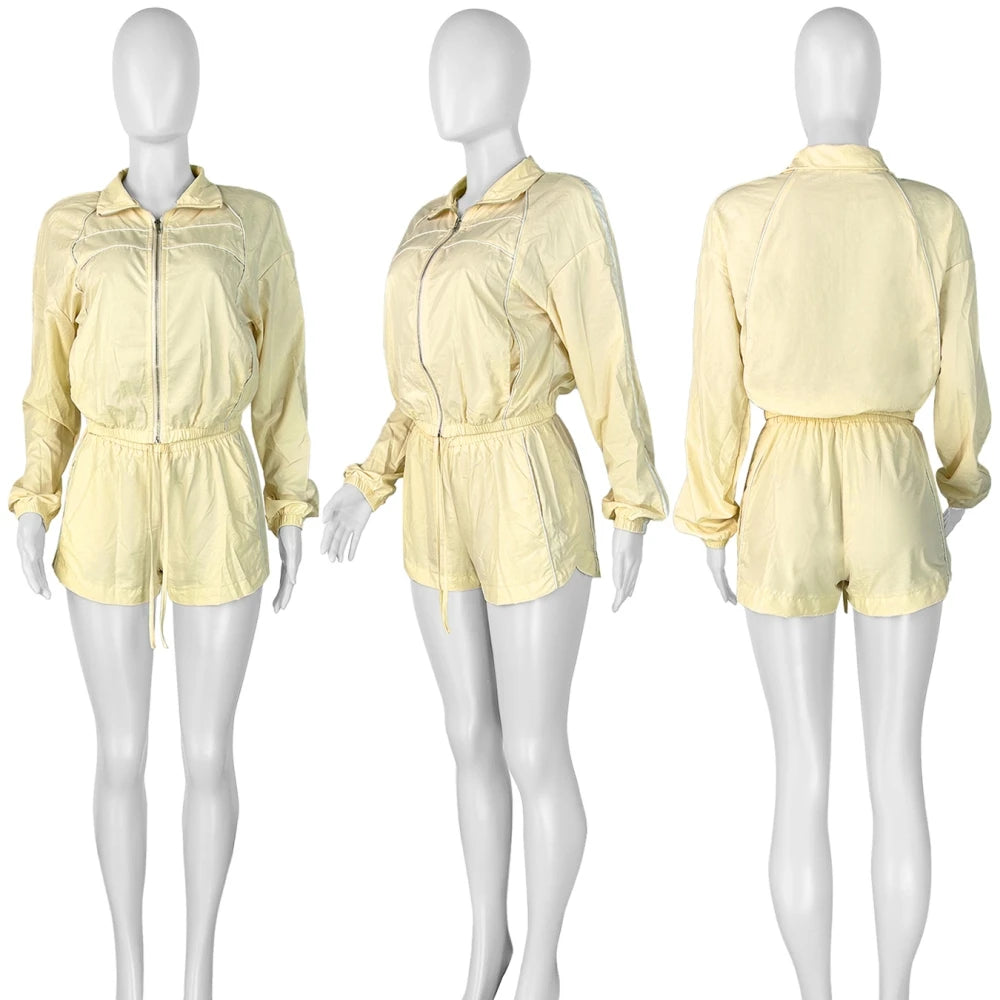 FAGADOER Casual Color Block 2 Pieces Set for Woman Long Sleeve Zipper Crop Jacke and Drawstring Shorts Female Jogger Clothing